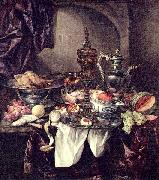 Abraham van Beijeren Still life with fruit, roast, silver- and glassware, porcelain and columbine cup on a dark tablecloth with white serviette. oil